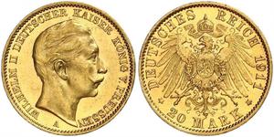 20 Марка Королівство Пруссія (1701-1918) Золото Wilhelm II, German Emperor (1859-1941)