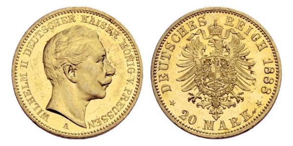 20 Марка Королівство Пруссія (1701-1918) Золото Wilhelm II, German Emperor (1859-1941)