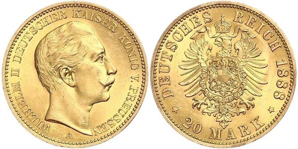 20 Марка Королівство Пруссія (1701-1918) Золото Wilhelm II, German Emperor (1859-1941)