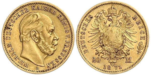 20 Марка Королівство Пруссія (1701-1918) Золото Wilhelm I, German Emperor (1797-1888)