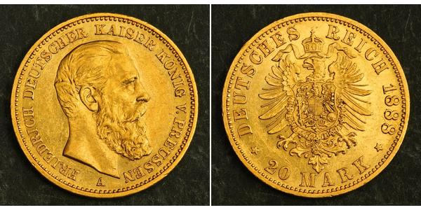 20 Марка Королівство Пруссія (1701-1918) Золото Фрідріх III (німецький імператор) (1831-1888)