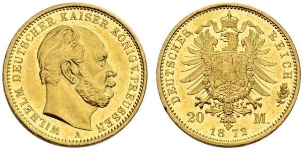 20 Марка Королівство Пруссія (1701-1918) Золото Wilhelm I, German Emperor (1797-1888)
