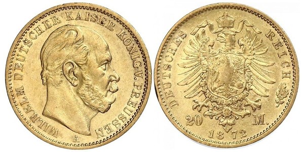 20 Марка Королівство Пруссія (1701-1918) Золото Wilhelm I, German Emperor (1797-1888)