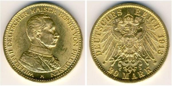 20 Марка Королівство Пруссія (1701-1918) Золото Wilhelm II, German Emperor (1859-1941)