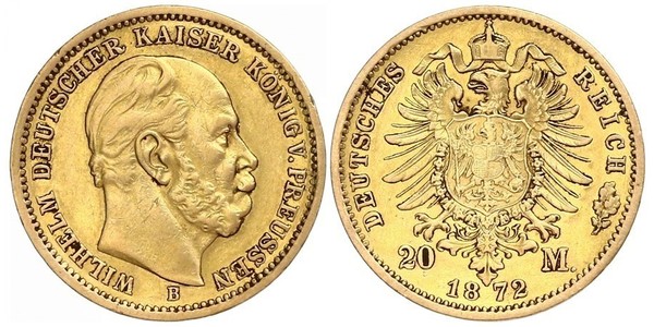 20 Марка Королівство Пруссія (1701-1918) Золото Wilhelm I, German Emperor (1797-1888)