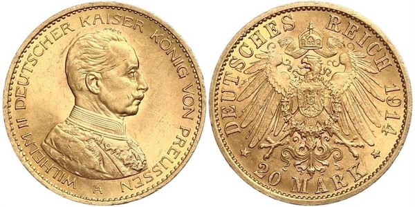 20 Марка Королівство Пруссія (1701-1918) Золото Wilhelm II, German Emperor (1859-1941)