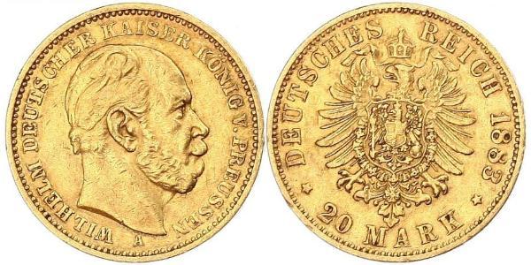 20 Марка Королівство Пруссія (1701-1918) Золото Wilhelm I, German Emperor (1797-1888)