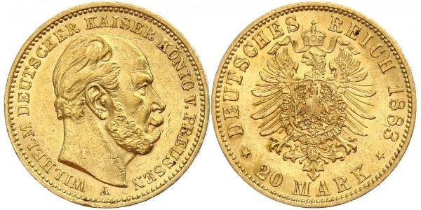 20 Марка Королівство Пруссія (1701-1918) Золото Wilhelm I, German Emperor (1797-1888)