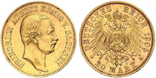 20 Марка Королівство Саксонія (1806 - 1918) Золото Frederick Augustus III of Saxony (1865-1932)