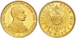 20 Марка Пруссия (королевство) (1701-1918) Золото Wilhelm II, German Emperor (1859-1941)