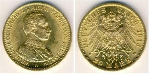 20 Марка Пруссия (королевство) (1701-1918) Золото Wilhelm II, German Emperor (1859-1941)