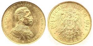 20 Марка Пруссия (королевство) (1701-1918) Золото Wilhelm II, German Emperor (1859-1941)