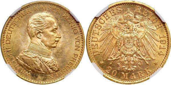 20 Марка Пруссия (королевство) (1701-1918) Золото Wilhelm II, German Emperor (1859-1941)