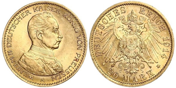 20 Марка Пруссия (королевство) (1701-1918) Золото Wilhelm II, German Emperor (1859-1941)