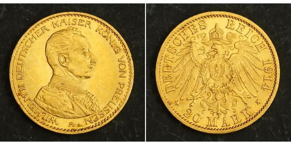 20 Марка Пруссия (королевство) (1701-1918) Золото Wilhelm II, German Emperor (1859-1941)