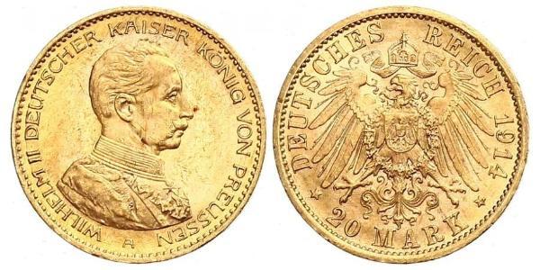 20 Марка Пруссия (королевство) (1701-1918) Золото Wilhelm II, German Emperor (1859-1941)