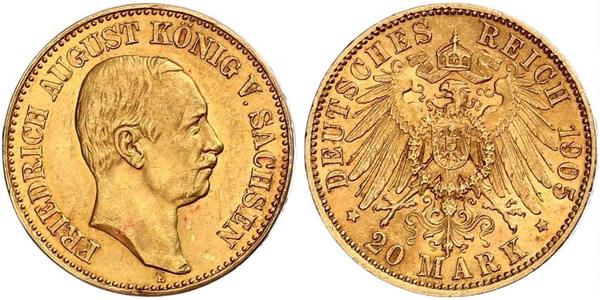 20 Марка Саксония (королевство) (1806 - 1918) Золото Фридрих Август III (король Саксонии) (1865-1932)