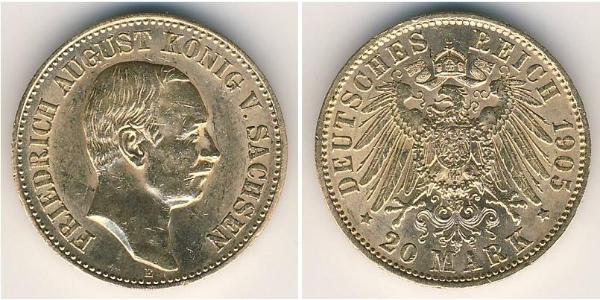 20 Марка Саксония (королевство) (1806 - 1918) Золото Фридрих Август III (король Саксонии) (1865-1932)