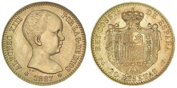 20 Песета Королівство Іспанія (1874 - 1931) Золото Alfonso XIII of Spain (1886 - 1941)