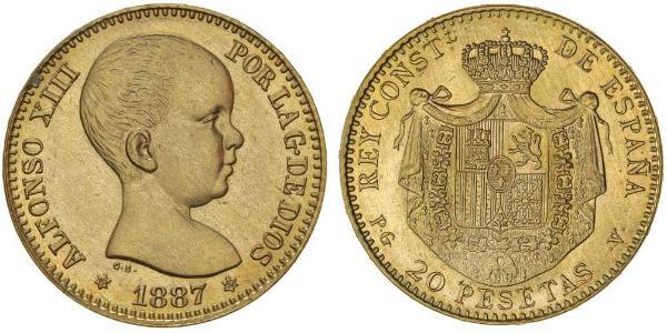 20 Песета Королівство Іспанія (1874 - 1931) Золото Alfonso XIII of Spain (1886 - 1941)