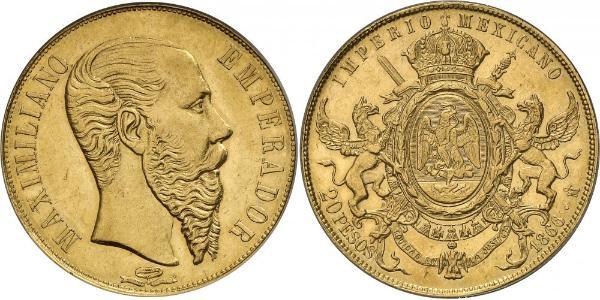 20 Песо Second Mexican Empire (1864 - 1867) Золото Maximilian I of Mexico (1832 - 1867)