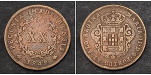 20 Рейс Королевство Португалия (1139-1910) Медь Мария II королева Португалии (1819-1853)