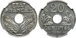 20 Сантим Французское государство режима Виши (1940-1944) Цинк 