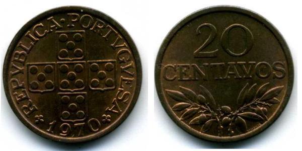 20 Сентаво Друга Португальська Республіка (1933 - 1974) Бронза 
