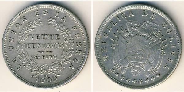20 Сентаво Многонациональное Государство Боливия (1825 - ) Серебро 