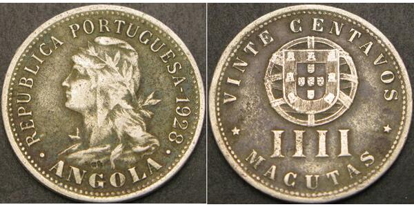 20 Сентаво / 4 Макута  Portuguese Angola (1575-1975) / Португалія Цинк/Мідь 
