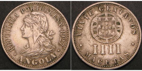 20 Сентаво / 4 Макута  Portuguese Angola (1575-1975) / Португалія Цинк/Мідь 