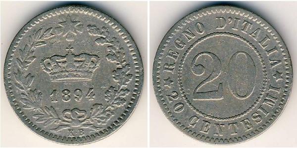 20 Сентесімо Kingdom of Italy (1861-1946) / Італія Нікель/Мідь Умберто I (1844-1900)