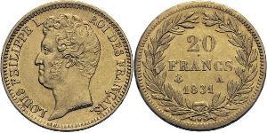 20 Франк July Monarchy (1830-1848) Золото Луі-Філіп I (1773 -1850)