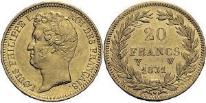 20 Франк July Monarchy (1830-1848) Золото Луі-Філіп I (1773 -1850)
