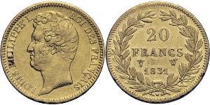 20 Франк July Monarchy (1830-1848) Золото Луі-Філіп I (1773 -1850)