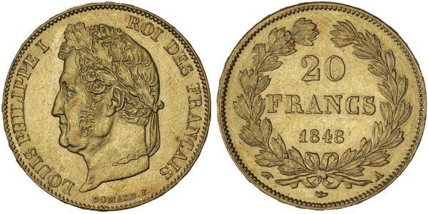 20 Франк July Monarchy (1830-1848) Золото Луі-Філіп I (1773 -1850)