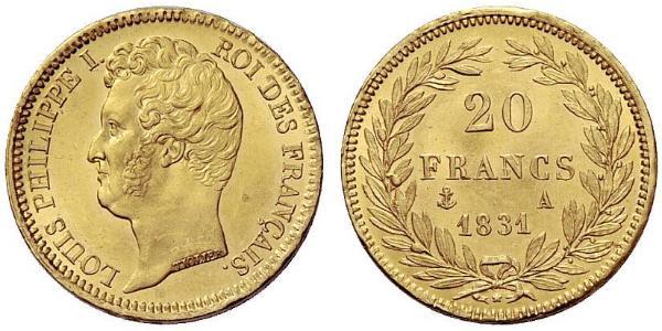 20 Франк July Monarchy (1830-1848) Золото Луі-Філіп I (1773 -1850)