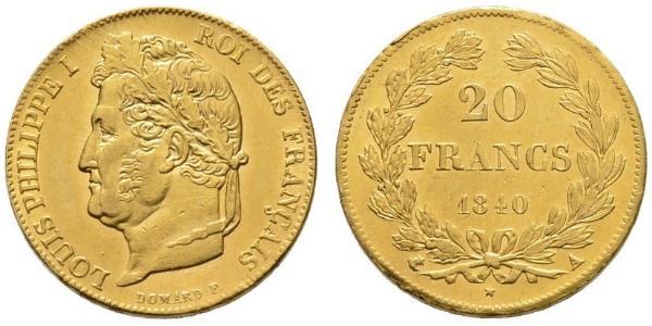20 Франк July Monarchy (1830-1848) Золото Луі-Філіп I (1773 -1850)