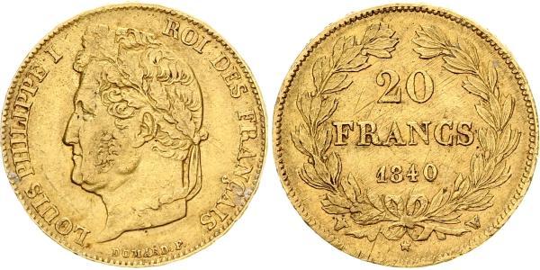 20 Франк July Monarchy (1830-1848) Золото Луі-Філіп I (1773 -1850)