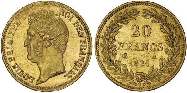 20 Франк July Monarchy (1830-1848) Золото Луі-Філіп I (1773 -1850)