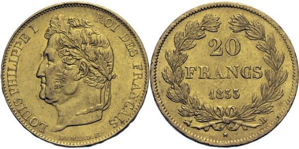 20 Франк July Monarchy (1830-1848) Золото Луі-Філіп I (1773 -1850)
