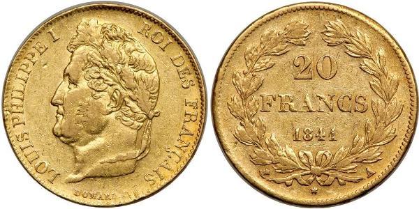 20 Франк July Monarchy (1830-1848) Золото Луі-Філіп I (1773 -1850)