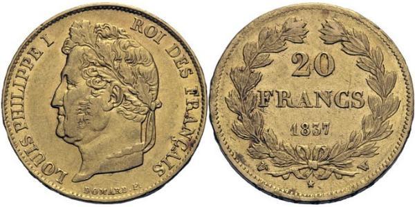 20 Франк July Monarchy (1830-1848) Золото Луі-Філіп I (1773 -1850)