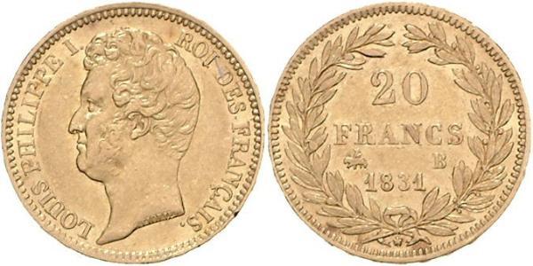20 Франк July Monarchy (1830-1848) Золото Луі-Філіп I (1773 -1850)