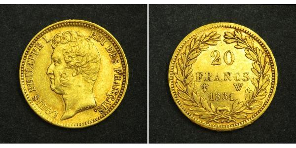 20 Франк July Monarchy (1830-1848) Золото Луі-Філіп I (1773 -1850)