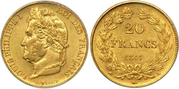 20 Франк July Monarchy (1830-1848) Золото Луі-Філіп I (1773 -1850)