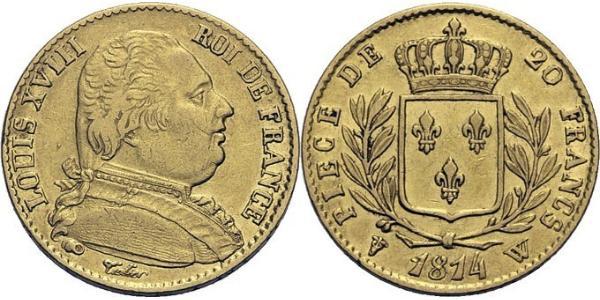 20 Франк Kingdom of France (1815-1830) Золото Людовик XVIII  (1755-1824)