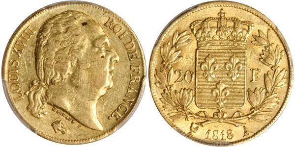 20 Франк Kingdom of France (1815-1830) Золото Людовик XVIII  (1755-1824)