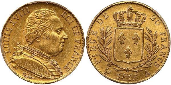 20 Франк Kingdom of France (1815-1830) Золото Людовик XVIII  (1755-1824)
