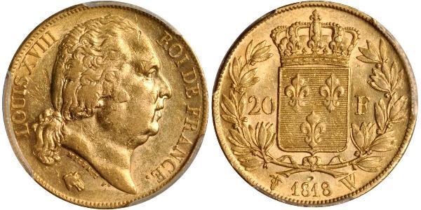 20 Франк Kingdom of France (1815-1830) Золото Людовик XVIII  (1755-1824)